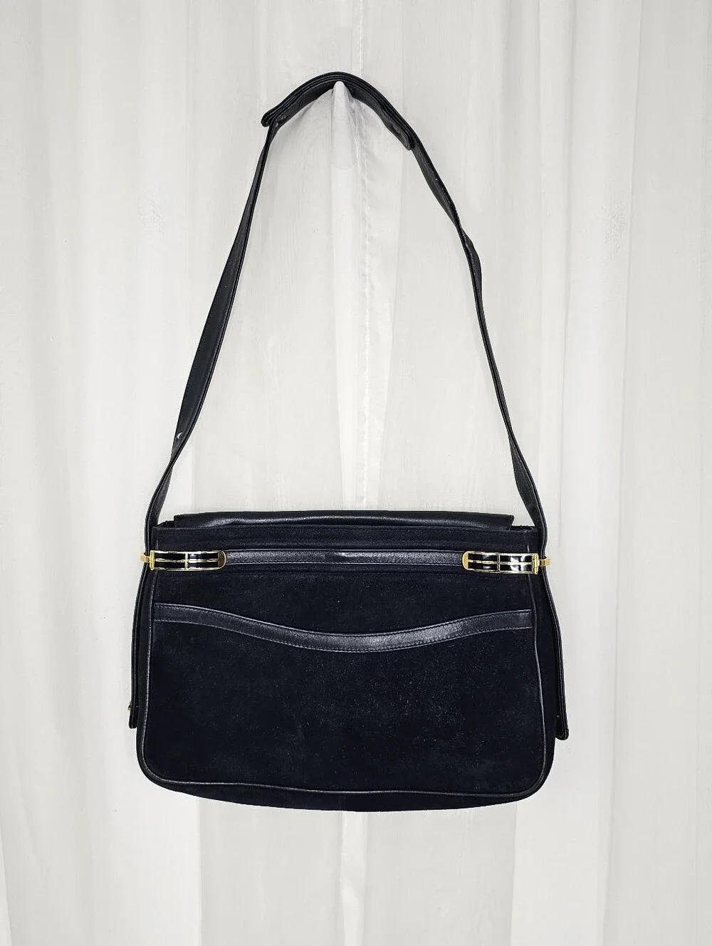 Vintage Neiman Marcus Navy Suede Shoulder Bag Gold Hardware